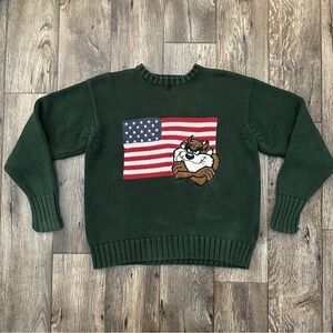 Vintage Warner Bros 1995 TAZ USA Flag Knit Cotton Sweater Size M Green